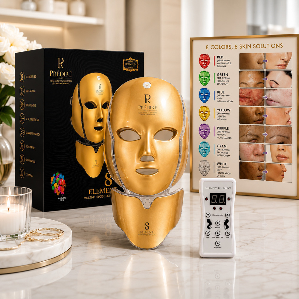 Predire Paris 8 Element LED Face Neck Skincare Mask w/ Remote NIB Gold